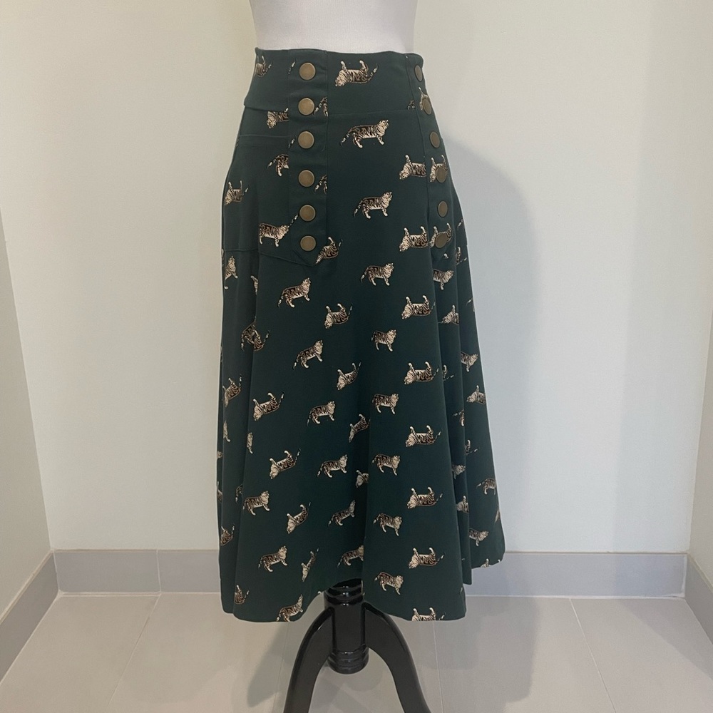 Effie’s Heart Tiger Cat Print High Waist Skirt Buttons Green